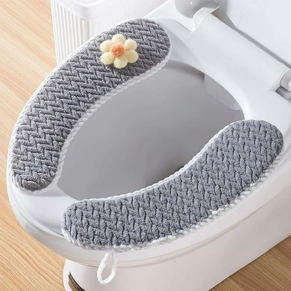 Household Toilet Seat Thickened with Handle, Winter Toilet Ring Washable Set, Knitted Toilet Seat Cover, Elastic and Easy to Install for Round and Rectangular Toilets