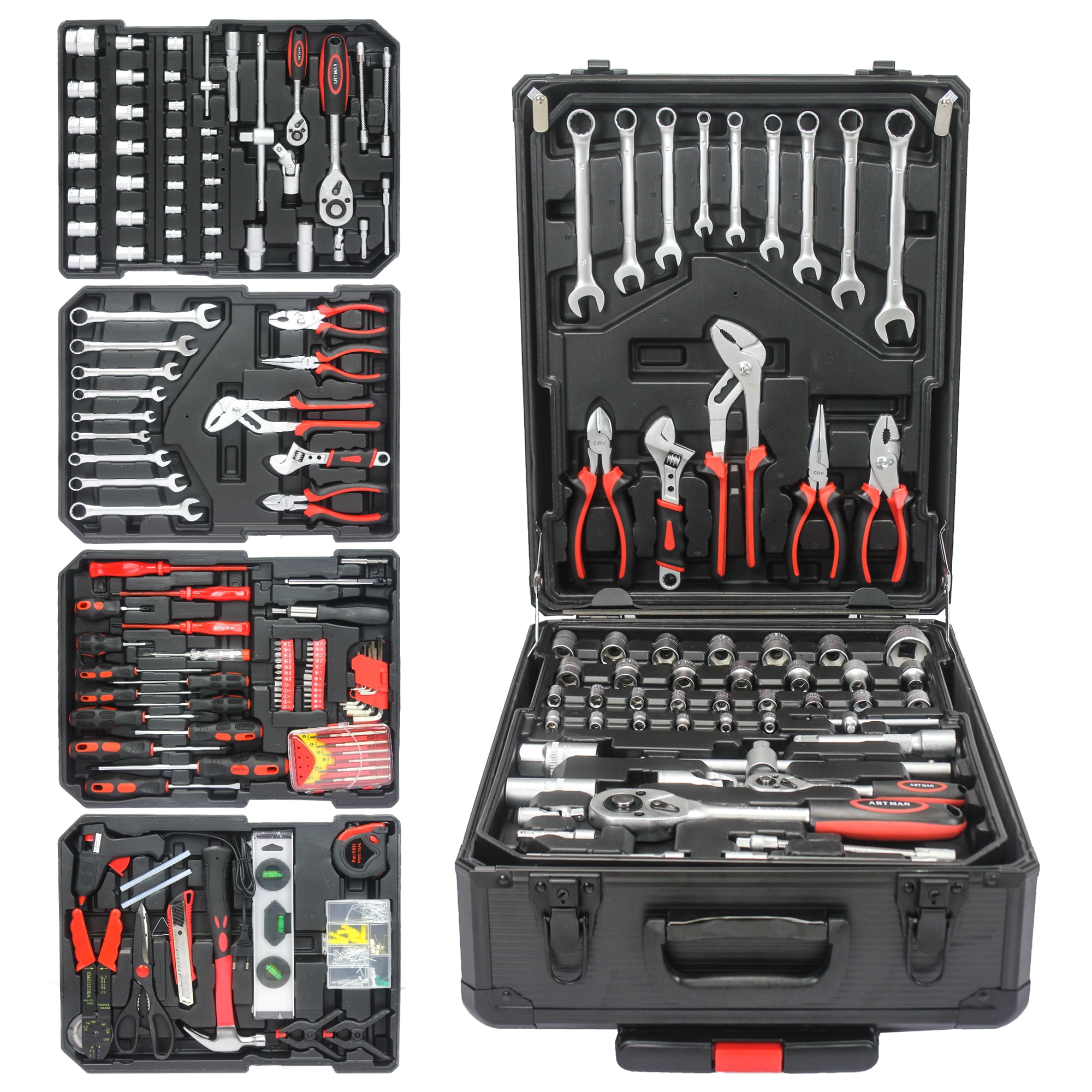 Household Tool Set Hand Tool Set with Tool Box 4 Layers Plier Wrench Hand Tool Set for Home Maintenance Silver