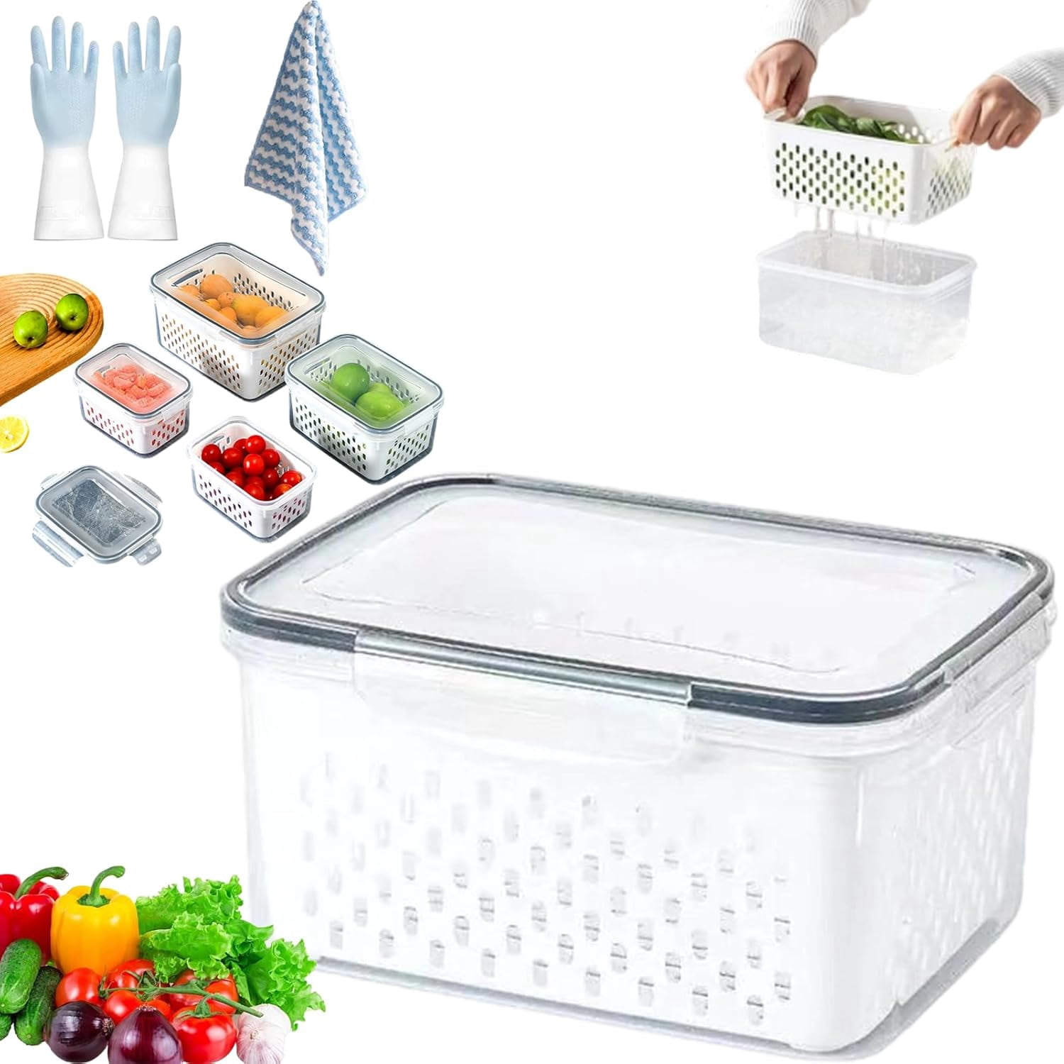 Drain Container Box Household Transparent Plastic Food Storage Box-Including Drain Basket ...