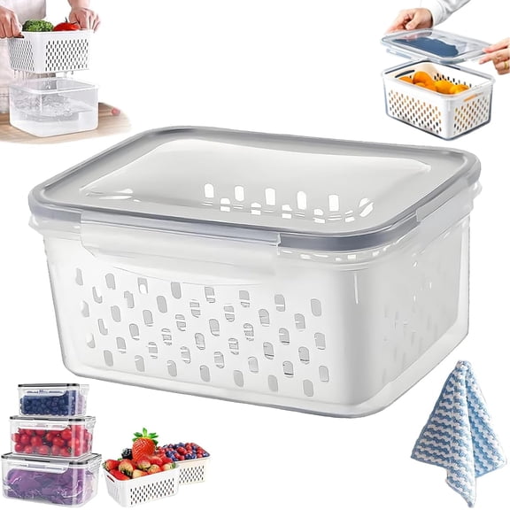 Household Transparent Plastic Food Storage Box-Including Drain Basket, 4 in 1 Food Storage Container Freshness Leakproof Airtight Refrigerator Organizer for Fruit & Vegetable (Grey,S)