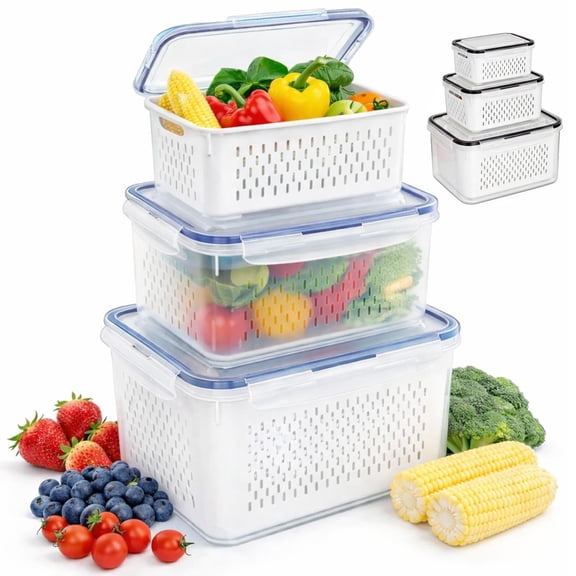 Household Transparent Plastic Food Storage Box-Including Drain Basket, Airtight Food Storage Container Dishwasher Safe Produce Saver for Refrigerator Keep Berry Fruit Fresh Longer