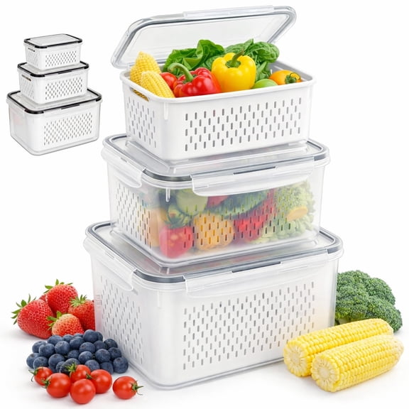 Household Transparent Plastic Food Storage Box-Including Drain Basket, Airtight Food Storage Container Dishwasher Safe Produce Saver for Refrigerator Keep Berry Fruit Fresh Longer
