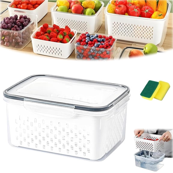 Household Transparent Plastic Food Storage Box-Including Drain Basket with Lid for Refigerator, Food Storage Containers with Colander, Plastic Fresh Keeper for Fruit Vegetable(Gray 850ML)