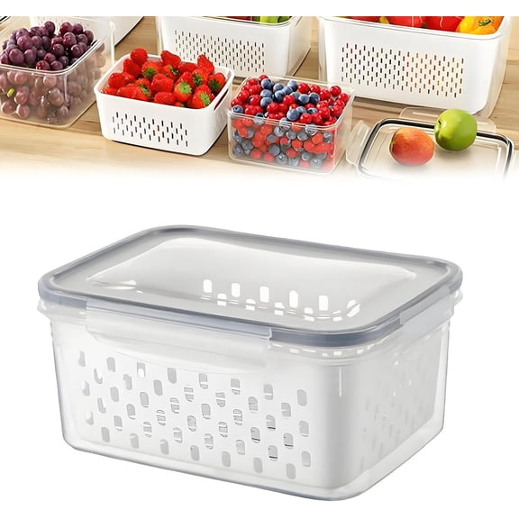Household Transparent Plastic Food Storage Box-Including Drain Basket, Pack of 3 Leak Proof Berry and Vegetable Containers for Fridge Keep Fresh & Organizers (Gray-S)