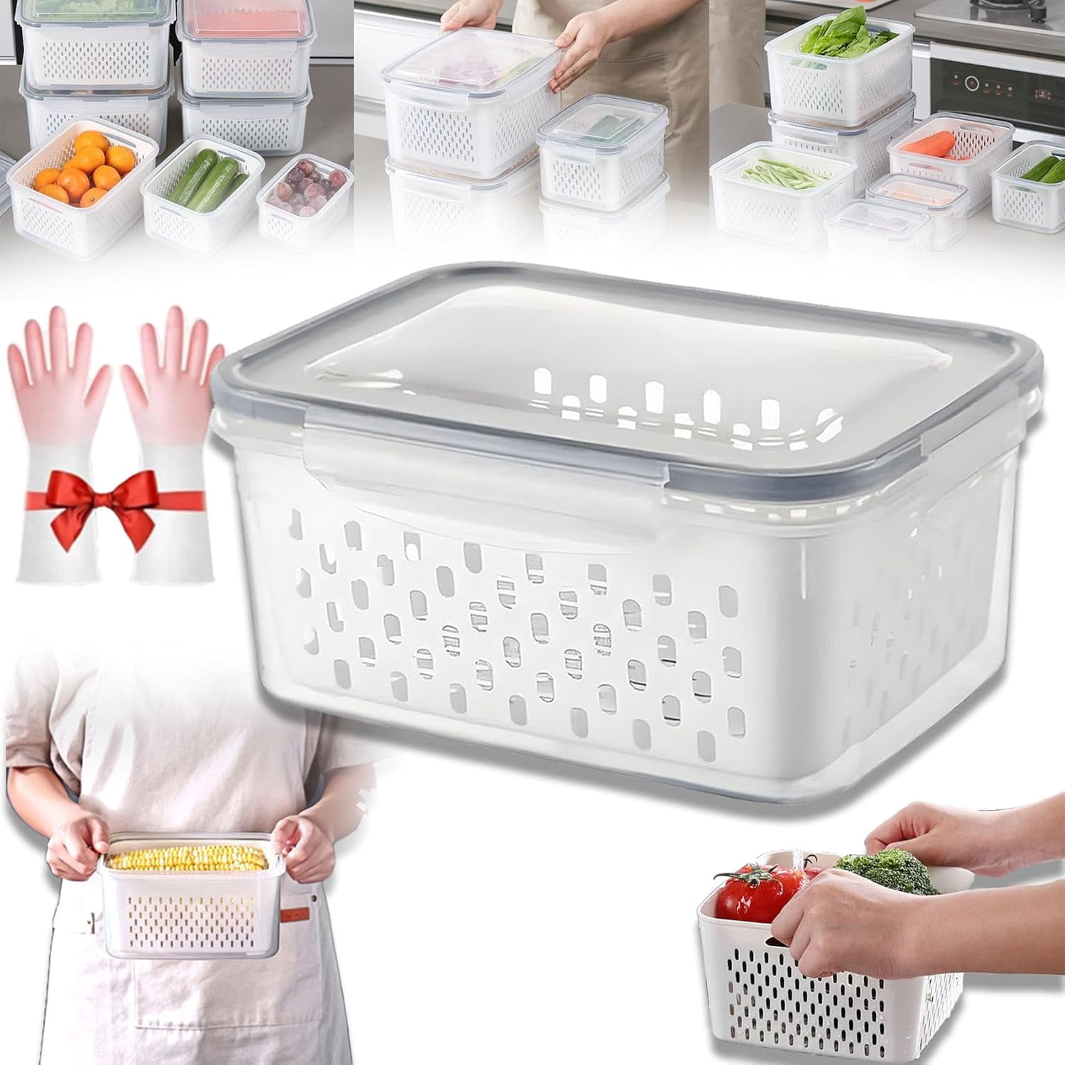 Household Transparent Plastic Food Storage Box-Including Drain Basket, Produce Storage Box with Drain Basket (Gray*Large)
