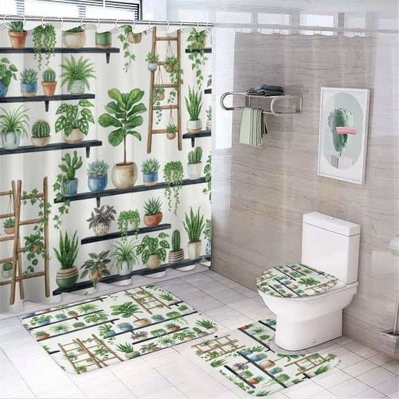 Houseplant Shelf Collection 4 Pcs Bathroom Shower Curtain Set with Coral Fleece Non Slip Mats, 72"x72" Waterproof Oxford Shower Curtain & 12 C Hooks