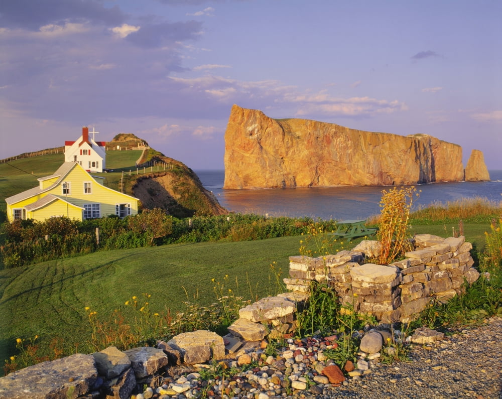 Houses And Perce Rock At Sunset Gaspesie Quebec Canvas Art - Yves Marcoux Design Pics (17 x 14)