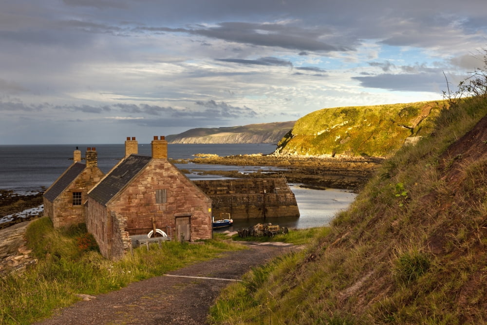 Houses At The Waters Edge And A Mooring Boat Cove Lothian Scotland Canvas Art - John Short Design Pics (38 x 24)