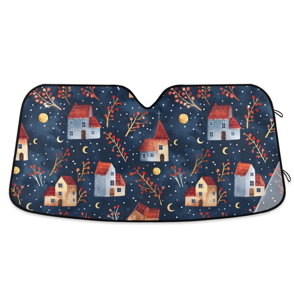Houses Barberry Branches Stars Moon Car Windshield Sun Shade Foldable Car Front Window Visor Heat and UV Protection 53x23.5