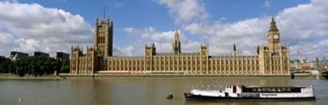 Houses Of Parliament Water And Boat London England United Kingdom Canvas Art - Panoramic Images (18 x 6)