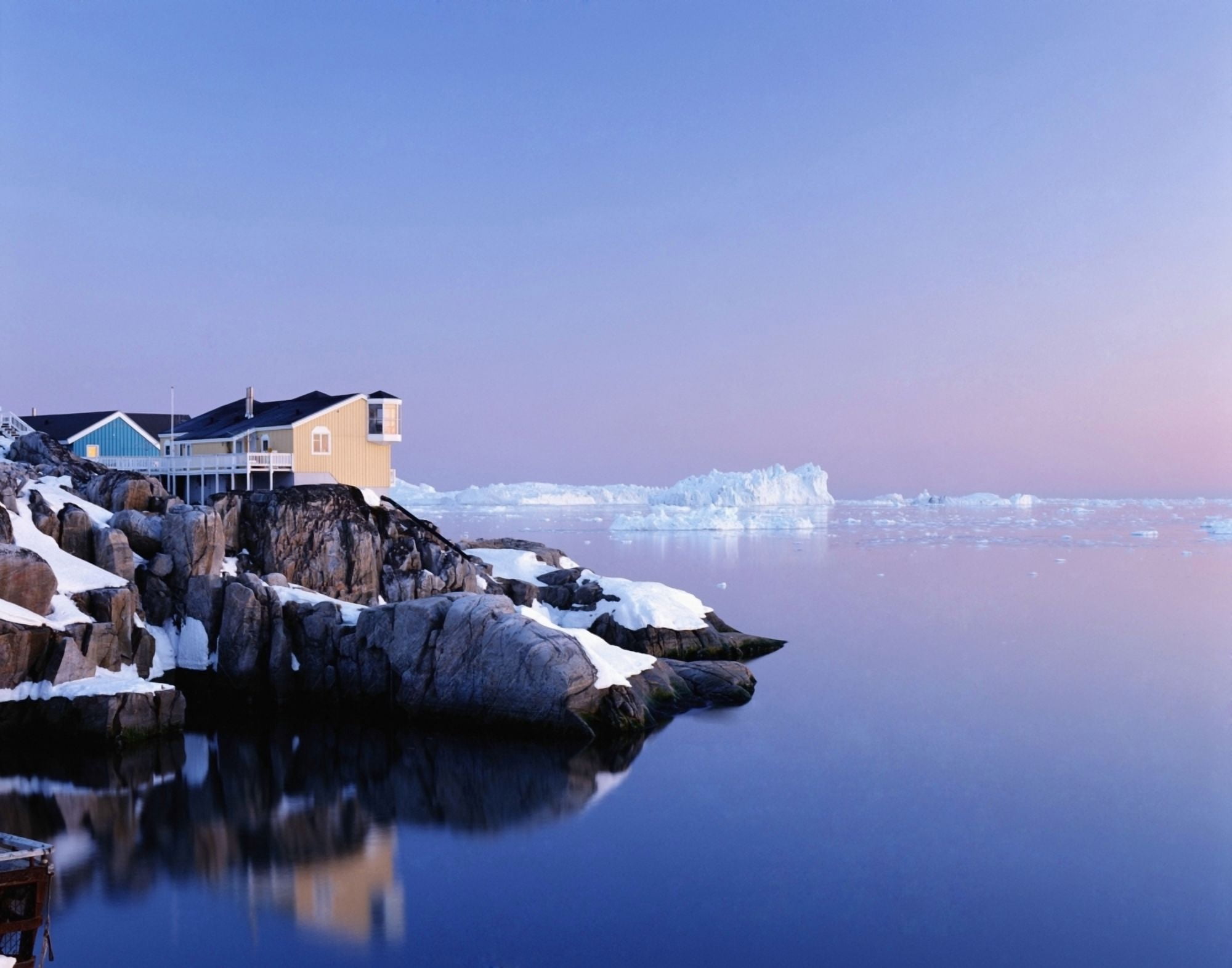 Houses On The Coastline With Icebergs Disko Bay Canvas Art - Henning Marstrand Design Pics (16 x 12)
