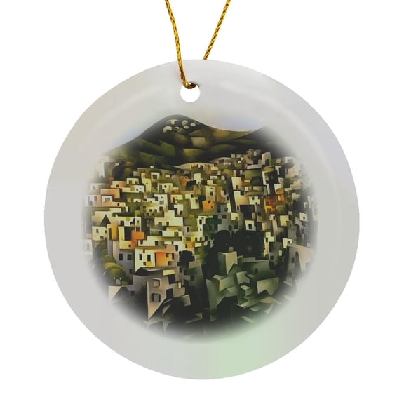 3drose, Houses on the Hillside - Abstract Art Fethiye, Circle Porcelain Ornament
