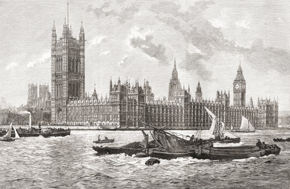 The Houses of Parliament City of Westminster London England in the 19th century From Cities of the World published c 1893 Canvas Art - Ken Welsh  Design Pics (34 x 22)