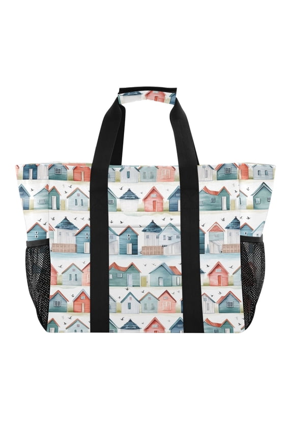 Houses Row Reusable Grocery Bags with Handle Side Pocket Waterproof Shopping Portable Tote