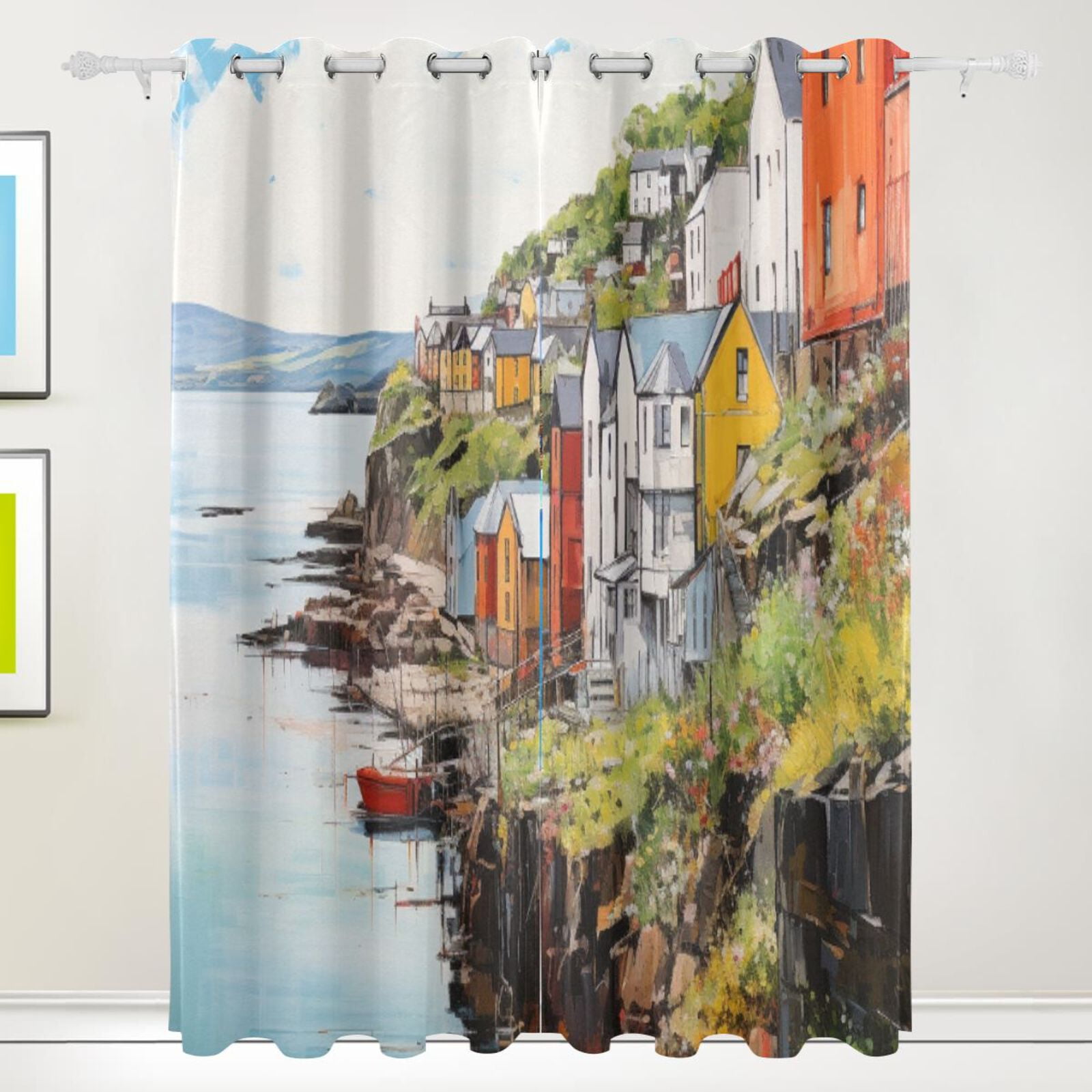 Houses Sea Painting Black Out Curtains 72 Inch Length Curtains for Sliding Glass Doors Bedroom Living Room 2 Pack