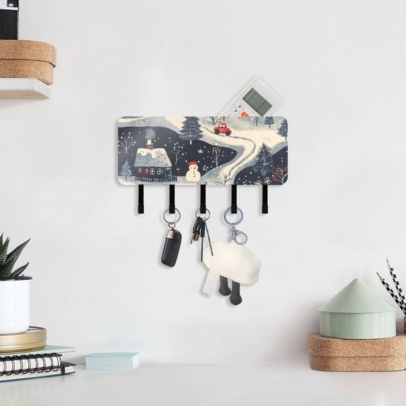 Houses Snow Trees Key Holder for Wall Mail Holder Organizer with 5 Key Hooks Wall Mount Key Rack with Shelf