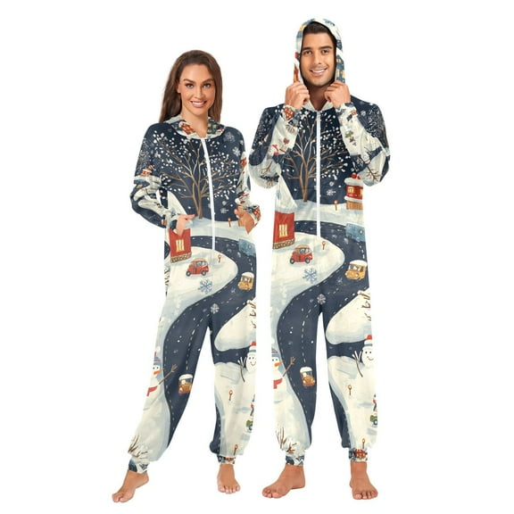 Houses Snowman Cars Adult Onesie Pajamas Slim Fit Christmas One Piece Suit Pjs for Women and Men Hooded Zipper