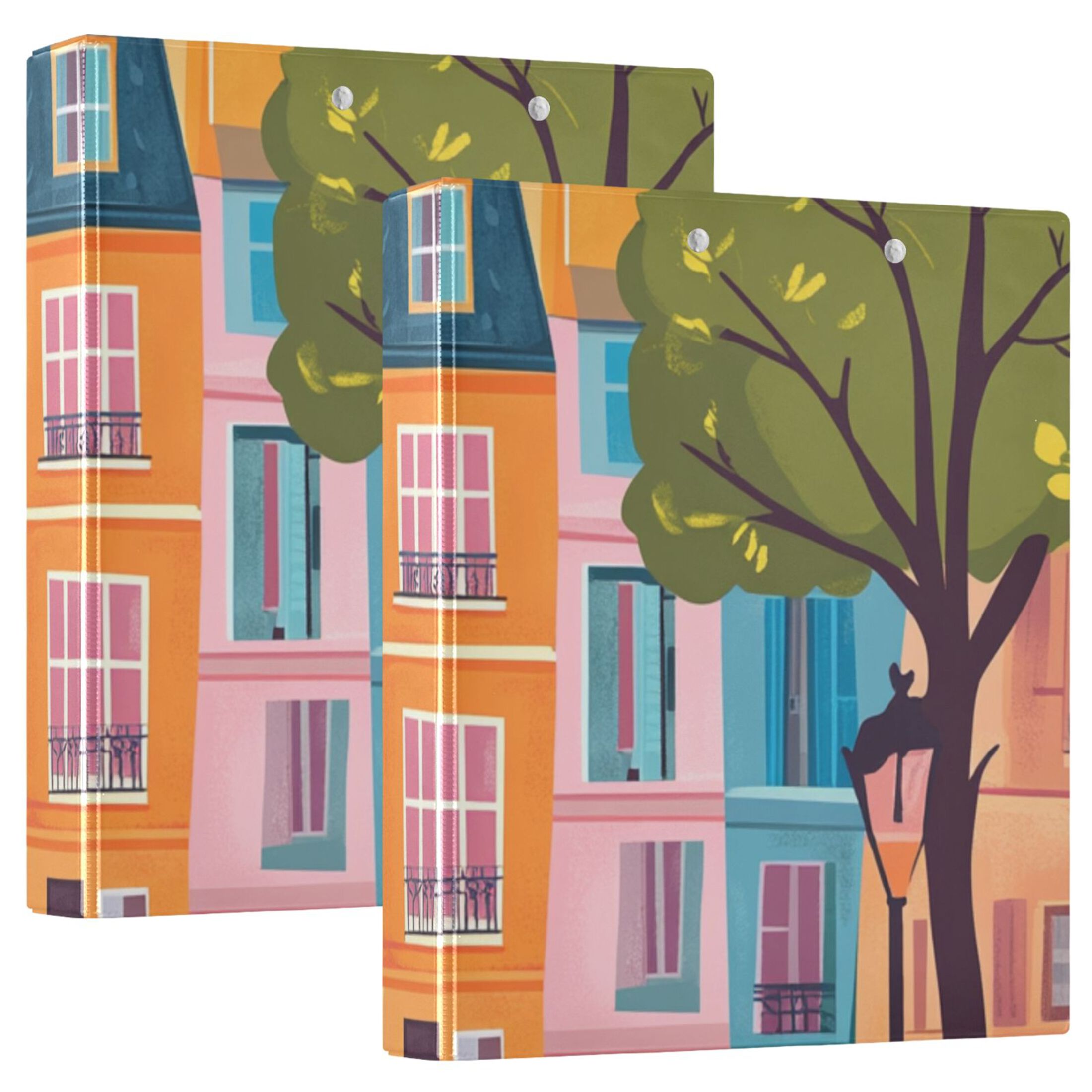 Houses Street 3 Ring Binders 1.5 inch Hardcover File Folders with Interior Pockets A4 Size Organizer for School Office Hospital