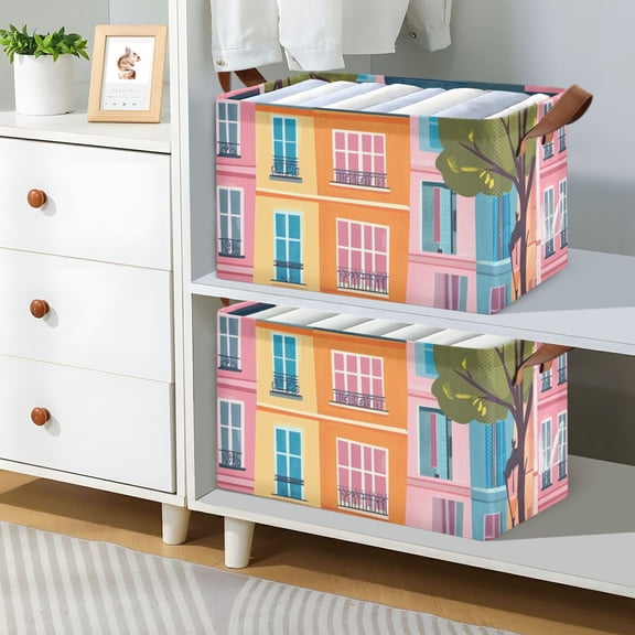Houses Street Foldable Storage Large Fabric Storage Baskets Organizer Storage Bins with Handles for Shelves