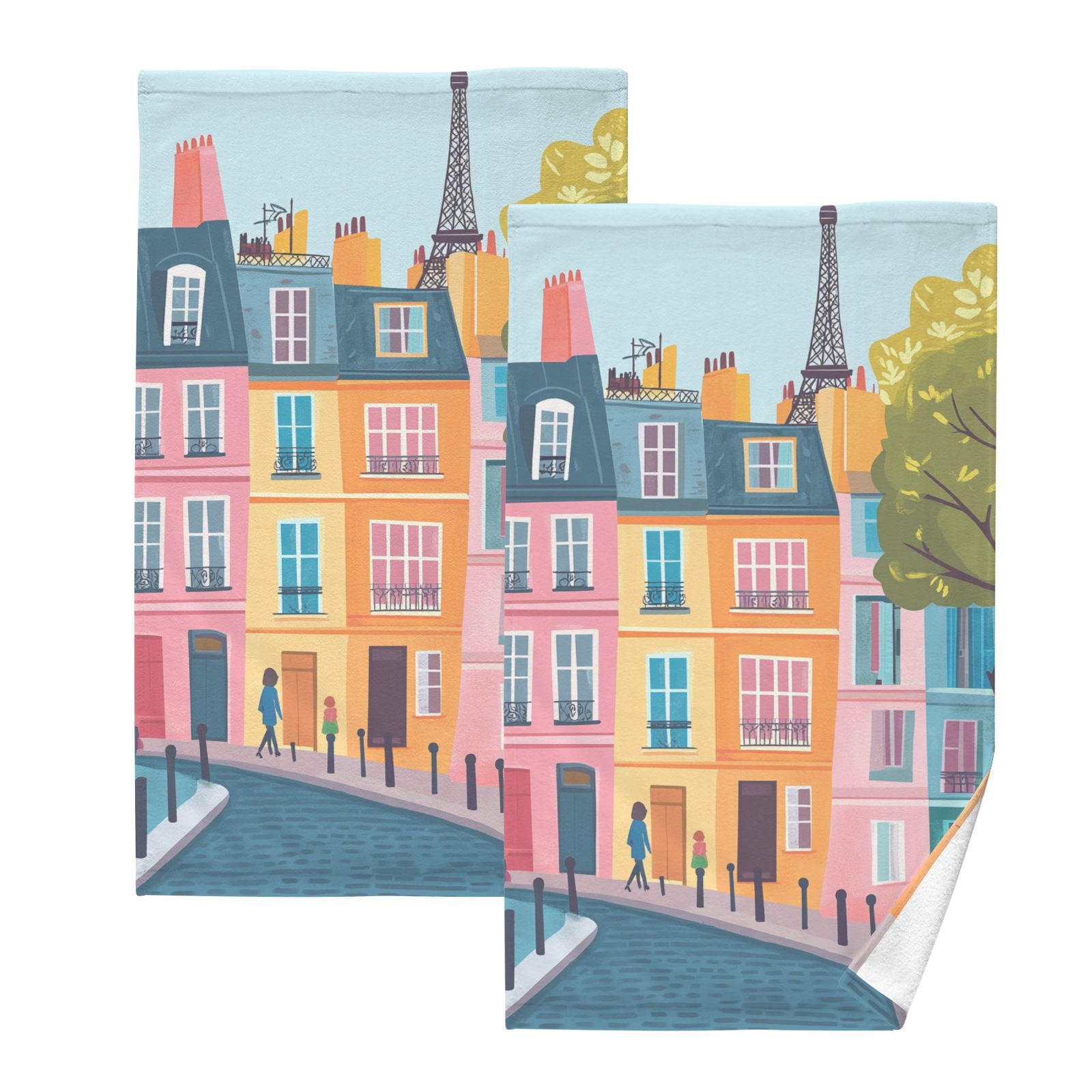 Houses Street Hand Towels Cotton Bath Towels Large Face Towels Absorbent for Bathroom 2 Packs