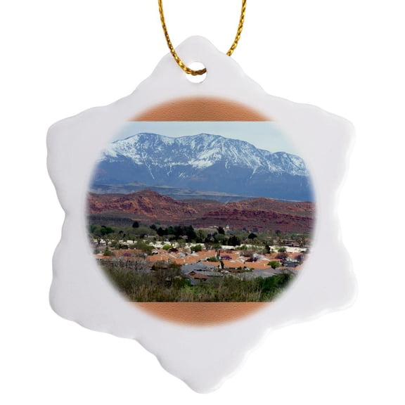 3drose, Houses Taken from a Good View Point with Red Hill and Pv Mountain, 3 inch Snowflake Porcelain Ornament