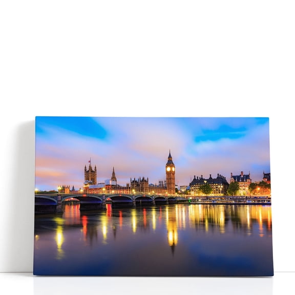 Houses of Parliament At Dusk in London Skyline - Wrapped Canvas Print Wall Art | 18" W x 12" H