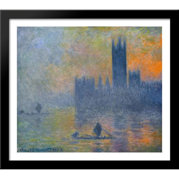 Houses of Parliament, Fog Effect 32x28 Large Black Wood Framed Print Art by Claude Monet