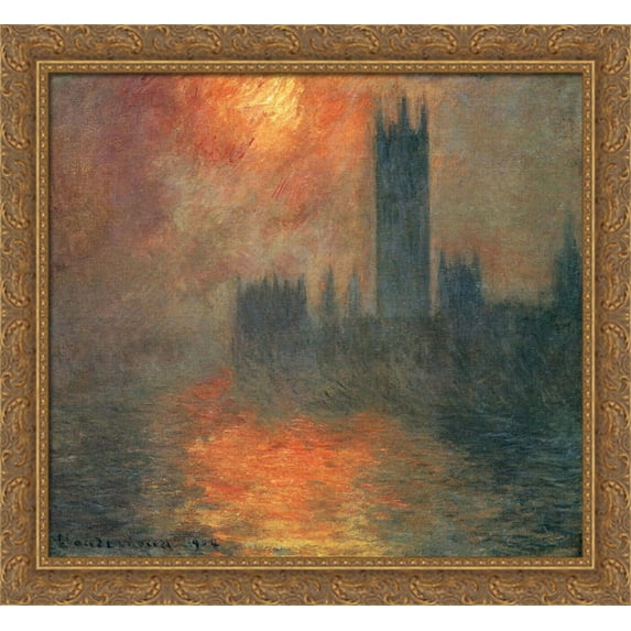 Houses of Parliament, Sunset 30x28 Large Gold Ornate Wood Framed Canvas Art by Claude Monet