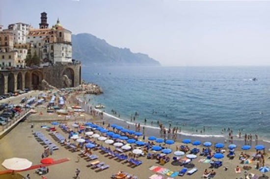 Houses on the sea coast Amalfi Coast Atrani Salerno Campania Italy Canvas Art - Panoramic Images (36 x 24)