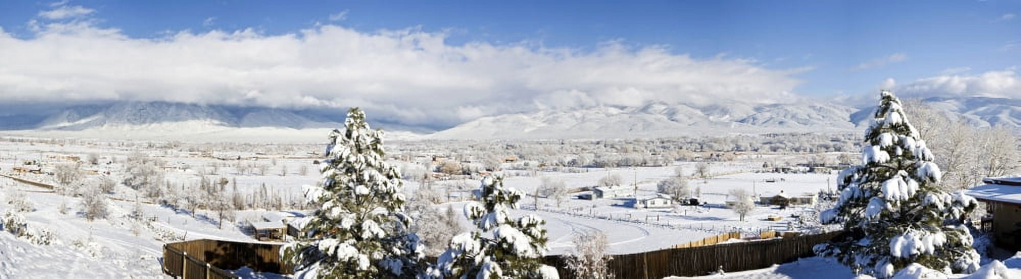 Houses and trees covered with snow with Taos Mountain in the background Sangre De Cristo Range San Luis Valley Colorado USA Canvas Art - Panoramic Images (36 x 12)