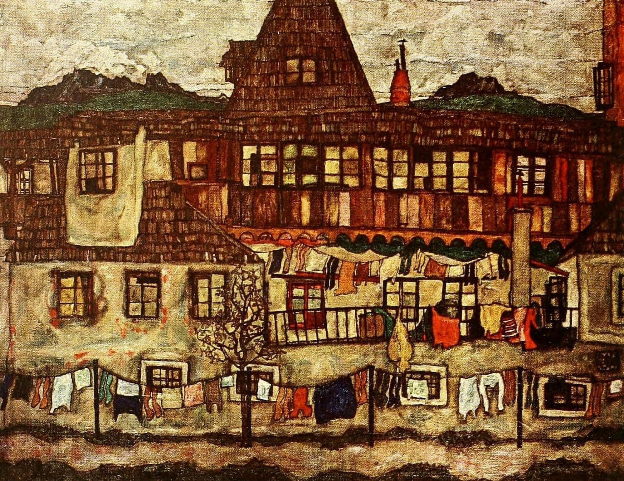 Houses with Drying Laundry 1917 Canvas Art - Egon Schiele (24 x 36)
