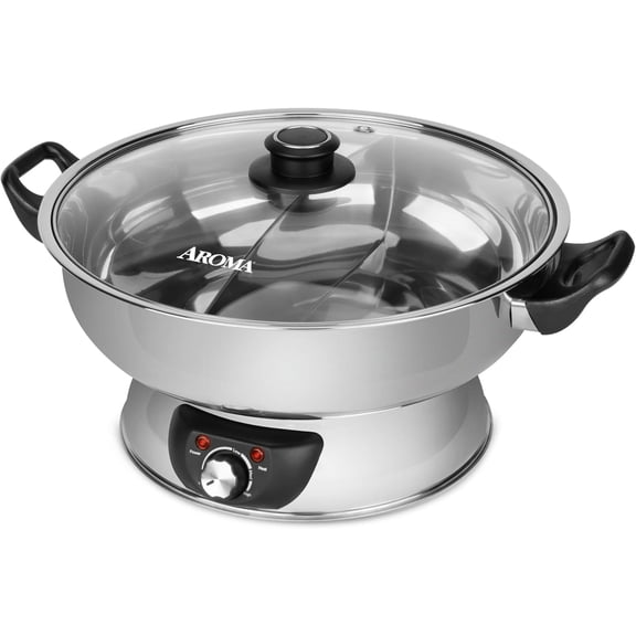 Housewares ASP-610 Dual-Sided Shabu Hot Pot, 5Qt, Stainless Steel 3 Uncooked/6 Cups Cooked Rice Cooker, Steamer, Multicooker, 2-6 cups, Black