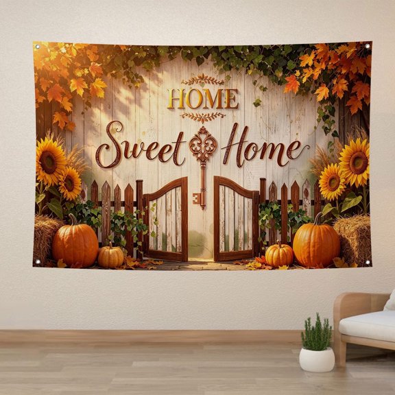 Housewarming Backdrop Home Sweet Home Fall Maple Leaves Welcome Home Background Autumn Pumpkin House Key New House Party Decorations Banner Supplies Photo Booth Props