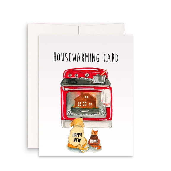 Housewarming Card  Adorable Dogs Watching a House Bake in a Red Oven  Perfect for New Home Gifts  Includes Envelope  Unique Greeting for New Homeowners