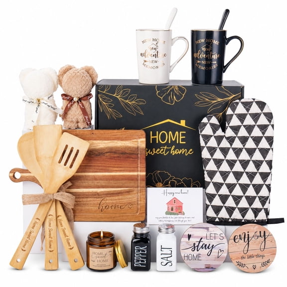 Housewarming Gift Basket, 19-Piece New Home Essentials Set, Brown Ceramic and Wood, Kitchen Gift Set for Couples and Homeowners