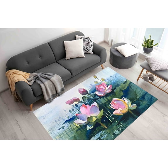 Housewarming Gift Rugs, Lotus Rug, Dining Room Rug, Floral Rug, Modern Rugs, Modern Rug, Colorful Rugs, Flower Rugs, Non Slip Rug, Cute Rug, 3.3'x6.5' - 100x200 cm