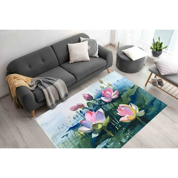 Housewarming Gift Rugs, Lotus Rug, Dining Room Rug, Floral Rug, Modern Rugs, Modern Rug, Colorful Rugs, Flower Rugs, Non Slip Rug, Cute Rug, 3.3'x6.5' - 100x200 cm
