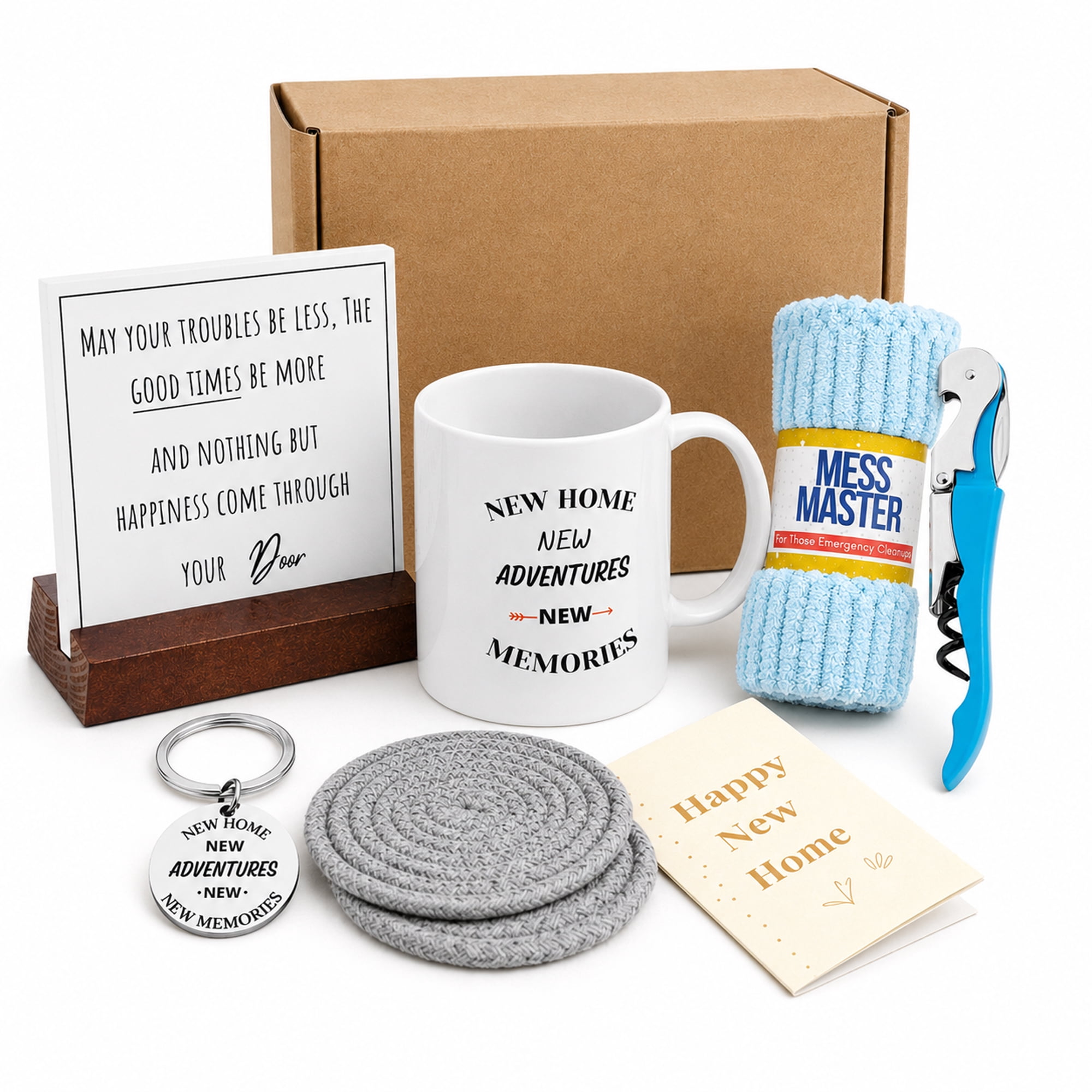 Housewarming Gift Set for New Home, 8-Piece New Home Gift Box with Ceramic Mug, Coasters, Bottle Opener, Keychain, Cleaning Cloth, Tabletop Sign and Greeting Card