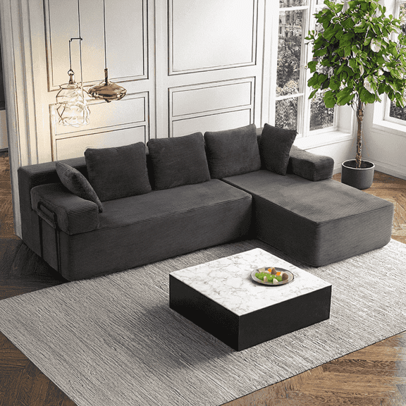 Housiney 105" L-Shaped Sectional Sofa, Modern Modular Cloud Couch for Living Room Bedroom, No Assembly Required, Grey(Corduroy)