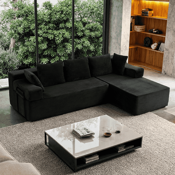 Housiney 105" L-Shaped Sectional Sofa, Modular Cloud Couch for Living Room with Removable Arms, Reversible Chaise (Left/Right Facing), Plush Corduroy Fabric, No Assembly Required, Black