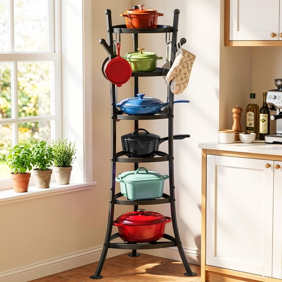 Housolution 6 Tier Pot and Pan Rack, Cookware Racks with 6 Hooks, Freestanding Metal Organizer Rack for Pots, Pans, Kitchen Cabinet Storage
