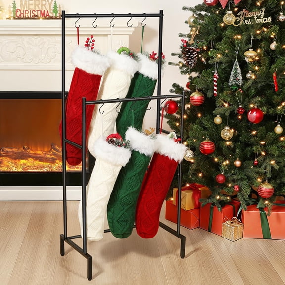 Housolution Christmas Stocking Holder Stand with 10 Hooks, Double Rods Stocking Hanger, Christmas Socks Holder Stand for Floor, Decor Hanger Display for Home, Black