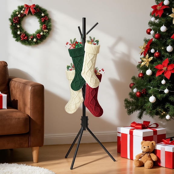 Houseolution Christmas Stocking Holder Stand with 8 Hooks, Freestanding Tree-Shaped Stocking Hanger for Floor, 41.3" Heavy Duty Metal Holiday Decor Display Rack for Home Living Room, Black