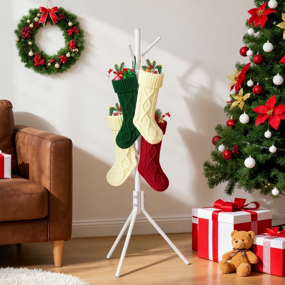 Houseolution Christmas Stocking Holder Stand with 8 Hooks, Freestanding Tree-Shaped Stocking Hanger for Floor, 41.3" Heavy Duty Metal Holiday Decor Display Rack for Home Living Room, White