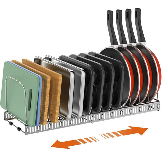 Housolution Cutting Board Organizer Rack, Expandable Pot and Pan Organizer Rack for Cabinet with 14 Adjustable Dividers, Silver
