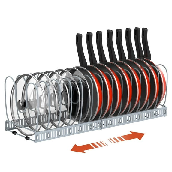 Housolution Expandable Pot and Pan Organizer for Cabinet,Pot Lid Organizer with 14 Deeper U-Shape Adjustable Dividers,Pan Organizer for Kitchen Cabinet Countertop Bakeware,Grey