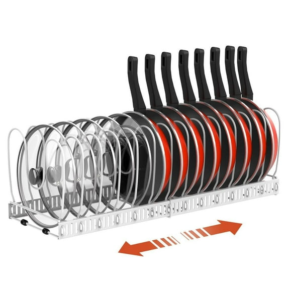 Housolution Expandable Pot and Pan Organizer for Cabinet,Pot Lid Organizer with 14 Deeper U-Shape Adjustable Dividers,Pot Pan Organizer for Kitchen Cabinet Countertop Bakeware,White