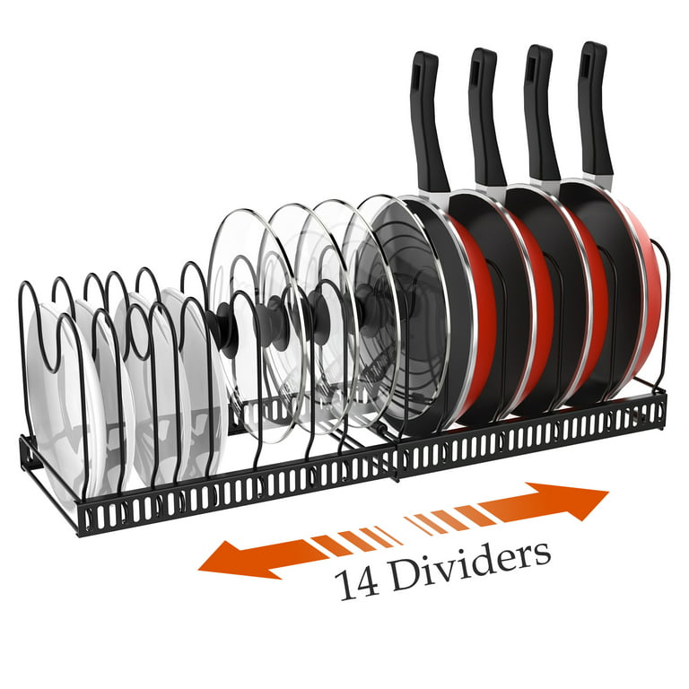 Pot Lid Holder 12+ Adjustable Dividers by BTH Expandable Pan and Pot Lid  Organizer Rack for Cabinet – Heavy Duty Pot Lid Organizer for Kitchen Under