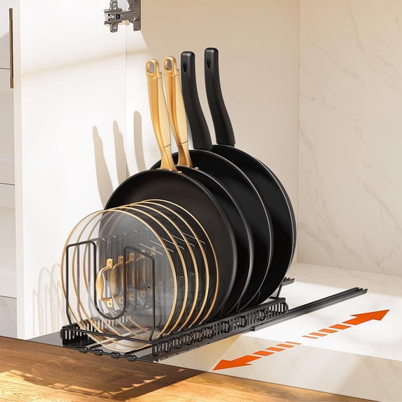 Housolution Pull Out Pot and Pan Organizer Rack for Under Cabinet, Slide Out Pot Lid Organizer Holder with 10 Adjustable Dividers, Black