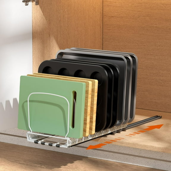 Housolution Pull Out Pot and Pan Organizer,Slide Out Baking Tray and Cutting Board Pan Organizer Rack with 10 Adjustable Dividers, Black